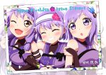  3girls asano_akane asano_hikari asano_ruri asano_sisters_project blush breasts closed_eyes clothing_cutout commentary_request dated hair_ornament hairclip happy_birthday headband japanese_clothes long_hair looking_at_viewer mizupiro multiple_girls ninja one_eye_closed open_mouth photo_(object) purple_eyes purple_hair sash short_hair siblings sisters smile virtual_youtuber 