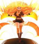  1girl ahoge asymmetrical_legwear bandana bandana_around_neck bandeau belt belt_pouch black_gloves black_shorts blonde_hair blush boots breasts brown_belt brown_boots brown_jacket cleavage clip_studio_paint_(medium) commentary cropped_jacket english_commentary explosion eyelashes fingerless_gloves floating_hair full_body gloves grin highres jacket long_hair midriff navel orange_bandana orange_theme outstretched_arms patreon_username pouch puffy_short_sleeves puffy_sleeves purple_eyes red_pupils rwby schrwby short_shorts short_sleeves shorts smile solo spread_arms teeth uneven_legwear yang_xiao_long yellow_bandeau 