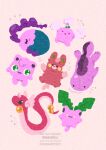  absurdres alternate_color closed_eyes commentary dragon dragonair fins green_eyes head_wings highres hoppip horns jigglypuff jumpluff leaf musharna no_humans pawmi pokemon pokemon_(creature) pokemon_focus quagsire red_eyes shiny_pokemon single_horn smile solid_circle_eyes tail tapir untranslatable_commentary wings yellow_eyes zozozoshion 