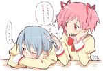  2012 2girls blue_eyes blue_hair blush crossed_arms dated hair_ornament hairclip kamekoya_sato kaname_madoka mahou_shoujo_madoka_magica miki_sayaka multiple_girls one_eye_closed pink_eyes pink_hair playing_with_another's_hair short_hair sketch sweatdrop thought_bubble translated twintails 