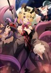  1girl ahoge alheitrakzoth animal_ear_fluff animal_ear_hairband animal_ears black_leotard blonde_hair bow breasts cat_ears cat_girl cleavage colored_inner_hair facial_mark fake_animal_ears grin hair_ornament hair_ribbon hairband highres indie_virtual_youtuber leotard medium_breasts multicolored_hair one_eye_closed pantyhose playboy_bunny pokatto_(squchan) purple_hair purple_nails rabbit_ears red_bow ribbon shyrei_faolan smile space taiju_(gr09kuma) tentacles virtual_youtuber whisker_markings x_hair_ornament 
