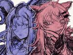  2girls absurdres animal_ears antenna_hair arknights bang_dream! bang_dream!_it's_mygo!!!!! commentary_request demon_horns hand_up highres horns lappland_(arknights) lappland_the_decadenza_(arknights) limited_palette long_sleeves looking_at_another medium_hair multiple_girls official_alternate_costume parted_lips sharp_teeth sidelocks simple_background smile sweatdrop teeth togawa_sakiko togawa_sakiko_(master_of_melodia) v v_over_mouth variant_set white_background wolf_ears wolf_girl yama_(hdvz4458) 