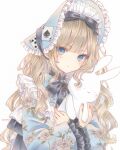  1girl accurate_lolita_coord ace_(playing_card) ace_of_spades alice's_adventures_in_wonderland alice_(alice_in_wonderland) blonde_hair blue_eyes blush bonnet card commentary_request floral_print highres japanese_clothes kimono lolita_fashion long_hair looking_at_viewer marker_(medium) original paruno playing_card print_kimono solo spade_(shape) stuffed_animal stuffed_rabbit stuffed_toy traditional_media upper_body wa_lolita wavy_hair 