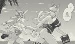  2girls ^_^ animal_ears boat breasts car_battery closed_eyes cloud commentary day english_commentary english_text eyewear_on_head gold_ship_(run!_ruin!_launcher!)_(umamusume) gold_ship_(umamusume) greyscale hat holding holding_hands horse_ears horse_girl horse_tail large_breasts long_hair mejiro_mcqueen_(fair_lady_of_the_waves)_(umamusume) mejiro_mcqueen_(umamusume) monochrome multiple_girls ocean official_alternate_costume one-piece_swimsuit palm_tree running sky speech_bubble straw_hat summer sunglasses swimsuit tail thighs tree tyrone umamusume watercraft 