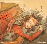  1boy blush closed_eyes cuddling dazzling3ti highres kotatsu licking long_sleeves lying maxie_(pokemon) medium_hair on_pillow on_stomach open_mouth orange_peel pokemon pokemon_ruby/sapphire/emerald poochyena red_hair smile table team_magma team_magma_uniform teeth under_kotatsu under_table 