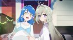  2girls :d absurdres aged_down alternate_hair_length_(longer) alternate_hair_length_(shorter) anime_coloring antenna_hair blouse blue_camisole blue_hair blurry blurry_background braid brick_wall bunshin butterfly_hair_ornament camisole camisole_over_clothes closed_mouth commentary_request crossed_bangs day derivative_work door dot_nose expressionless flipped_bangs grey_hair hair_intakes hair_ornament high-ended_braid highres holding holding_paper house howa_kurea howa_kurea_(civilian) light_blush long_hair long_sleeves looking_at_viewer medium_hair meitantei_precure! moria_luluka moria_luluka_(civilian) multiple_girls official_alternate_hairstyle official_art_redraw official_style open_mouth outdoors paper precure purple_eyes railing screenshot_redraw shirt sidelocks single_braided_sidelock smile spoilers tareme vignetting white_shirt yellow_eyes 