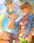  2boys absurdres ahoge alternate_costume black_shorts blonde_hair blue_eyes can cherry chest_tattoo closed_mouth collared_shirt commentary_request cup curtained_hair ddolddo88 drink_can drinking_glass drinking_straw earrings flower food fruit goggles goggles_around_neck grapes grey_hair hair_between_eyes hand_up highres holding holding_can holding_cup holding_swim_ring honkai:_star_rail honkai_(series) hood hooded_jacket innertube jacket jewelry light_smile looking_at_another looking_at_object looking_down male_focus medium_hair multiple_boys mydei_(honkai:_star_rail) navel neck_tattoo open_clothes open_jacket open_shirt orange_(fruit) orange_slice parted_bangs parted_lips phainon_(honkai:_star_rail) profile purple_flower red_tattoo shirt short_hair short_sleeves shorts sitting snifter_glass standing stud_earrings swim_ring tattoo toned toned_male white_flower white_jacket white_shirt wristband yellow_eyes yellow_pupils 