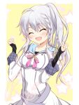 1girl 9-nine- :d ^_^ absurdres ahoge belt blush border bow braid breasts clenched_hands closed_eyes collarbone commentary cowboy_shot dress eyelashes green_ribbon grey_belt grey_hair hair_between_eyes hakusen_academy_school_uniform hands_up happy heart highres impossible_clothes long_hair long_sleeves medium_breasts niimi_sora open_mouth outside_border pink_bow red_hair revision ribbon ryu9voice school_uniform side_ponytail sidelocks signature simple_background single_braid sleeves_past_wrists smile solo star_(symbol) w_arms white_border white_dress yellow_background 