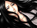  1girl black_hair black_kimono bleach bleach:_sennen_kessen-hen blue_eyes chris-jin commentary dutch_angle english_commentary haori japanese_clothes kimono lips long_hair no_scar parted_lips ponytail shihakusho smile solo taichou_haori unohana_retsu white_haori 