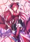  ;) alternate_breast_size armpits arms_up black_legwear boots breasts chain detached_sleeves food highres large_breasts long_hair looking_at_viewer magical_girl mahou_shoujo_madoka_magica mouth_hold one_eye_closed pocky red_eyes red_hair ryuuzaki_ichi sakura_kyouko skirt smile solo thighhighs 