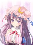  bad_id bad_pixiv_id blush book breasts crescent double_bun hair_ribbon hat hat_ribbon large_breasts long_hair numako patchouli_knowledge purple_eyes purple_hair ribbon solo striped touhou translation_request upper_body vertical_stripes 