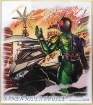  1boy antennae armor building character_name commentary_request compound_eyes hand_up kamen_rider kamen_rider_double kamen_rider_double_(cyclonejoker) kamen_rider_w kuchibiru_keisuke male_focus motor_vehicle motorcycle official_art outdoors rider_belt sky solo tokusatsu traditional_media 