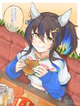  1girl absurdres animal_ears bead_necklace beads belt blue_hair brand_name_imitation brown_hair burger closed_mouth commentary_request cup daitaku_helios_(casual)_(umamusume) daitaku_helios_(umamusume) disposable_cup ear_covers facial_tattoo food french_fries hair_ornament highres holding holding_burger holding_food horse_ears horse_girl horse_tail jewelry long_hair long_sleeves looking_at_viewer mcdonald's midriff multicolored_hair necklace orange_belt shirt shirt_under_shirt shorts smile solo speech_bubble streaked_hair tail tattoo uma_motiyodor umamusume white_shirt 