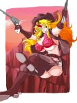  1girl alternate_costume bikini blonde_hair boots border breasts brown_boots brown_vest cliff commentary_request cowboy_hat cowboy_western dual_wielding full_body gun hat holding horns hoshiguma_yuugi large_breasts long_hair looking_at_viewer one_eye_closed open_clothes open_mouth open_vest outside_border pink_sky pointy_ears red_bikini red_eyes red_horns revolver single_horn sky smile solo spurs star_(symbol) swimsuit touhou tuna_sand vest weapon white_border 
