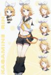  >_< 1girl absurdres arms_behind_back bare_shoulders belt black_sailor_collar black_shorts black_sleeves blonde_hair blue_eyes bow breasts chibi closed_eyes commentary_request crop_top cropped_shirt detached_sleeves full_body hair_bow hair_ornament hairclip headphones highres kagamine_rin kuten_1111 leg_warmers midriff multiple_expressions navel neckerchief open_mouth parallel_hairclips sailor_collar shirt shoes short_hair shorts sleeveless sleeveless_shirt small_breasts smile treble_clef vocaloid white_bow white_shirt white_shoes yellow_belt yellow_neckerchief yellow_trim 