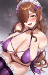  1girl absurdres armpit_crease bikini blush bow breasts brown_hair collarbone commentary cosplay cowboy_shot curvy elbow_gloves embarrassed english_commentary eyelashes frilled_gloves frilled_thighhighs frills gloves grey_background hair_bow hair_over_one_eye heart highres huge_breasts koarujpg kono_subarashii_sekai_ni_shukufuku_wo! long_hair looking_at_viewer maid_headdress navel one_eye_covered open_mouth purple_bikini purple_bow purple_gloves purple_thighhighs simple_background sitting skindentation solo steaming_body swimsuit thighhighs uketsuke_succubus_(konosuba) uketsuke_succubus_(konosuba)_(cosplay) very_long_hair wavy_mouth wiz_(konosuba) yellow_eyes 