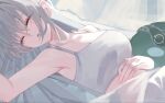  1girl arknights armpits bare_shoulders bed blanket breasts cleavage closed_eyes commentary_request crop_top curtains eye_mask hair_between_eyes hand_on_own_stomach highres long_hair lying mask on_back open_mouth orca shouga_chahan skadi_(arknights) sleeping solo stuffed_animal stuffed_orca stuffed_toy upper_body white_blanket white_hair 