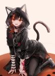  1girl all_fours alternate_costume animal_ears animal_hood black_hair boots cat_ears cat_hood cat_tail character_request commentary_request derk_maxx fangs highres hood jacket kemonomimi_mode looking_at_viewer mahou_shoujo_no_majo_saiban medium_hair multicolored_hair open_mouth pantyhose red_eyes red_hair sawatari_coco simple_background skirt smile solo tail two-tone_hair white_background 