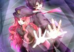  1boy 1girl absurdres back-to-back black_bow black_hair black_hat black_jacket black_pants black_skirt bow braid breasts brown_eyes canon_event commentary_request commission dracu-riot! energy energy_field fang fighting_stance foreshortening gloves hair_between_eyes hair_bow hakutocake hat highres impossible_clothes jacket large_breasts long_hair long_sleeves looking_at_viewer lower_teeth_only military_hat military_uniform mutsura_yuuto necktie open_hand open_mouth outstretched_arm outstretched_hand pants red_hair red_necktie red_pupils serious short_hair sidelocks single_braid skeb_commission skirt spiked_hair standing teeth v-shaped_eyebrows very_long_hair wavy_hair white_gloves yarai_miu yellow_eyes 