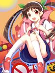  backpack bag bakemonogatari bandaid bandaid_on_knee brown_hair convenient_leg fang hachikuji_mayoi highres knees_together_feet_apart long_hair monogatari_(series) red_eyes towamin twintails 