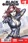  1girl avengers_(series) black_bodysuit black_widow blue_eyes bodysuit breasts cleavage closed_mouth commentary cover_sketch english_commentary highres large_breasts long_hair marker_(medium) marvel natasha_romanoff red_hair scan signature sketch_background stanley_lau traditional_media zipper zipper_pull_tab 