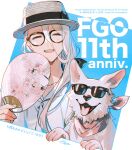  1boy alt_text alternate_costume animal anniversary bandana bandana_around_neck black-framed_eyewear black_bow blue_background boater_hat bow casual closed_eyes clothed_animal commentary_request cropped_torso dog english_text facing_viewer fate/grand_order fate_(series) floral_print glasses grey_hair grey_hat hair_between_eyes hair_bow hanasaka_no_okina_(fate) hand_fan hat holding holding_fan long_hair male_focus multiple_moles multiple_moles_under_one_eye official_artist_extra open_mouth paper_fan pink_bandana print_bandana shirt signature simple_background single_sidelock smile sunglasses taa_(acid) teeth translated two-tone_background uchiwa upper_teeth_only white_background white_shirt 