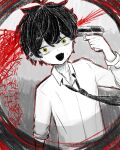  1boy collared_shirt commentary_request dress_shirt esse_series fang faux_traditional_media gun_to_own_head highres hyoutenka_30-do_no_zetsubou kobayashi_luca limited_palette loose_necktie male_focus necktie nuko_0424 sanpaku shirt solo translation_request upper_body wide-eyed 