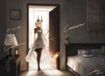  1girl absurdres ahoge arknights asic_(2595268715) bed bedroom bodystocking book breasts character_doll commentary commission cushion dated doll doorway dragon_girl dragon_horns drawer dress english_commentary flower green_eyes hair_flower hair_ornament highres horns indoors lamp lantern necrass_(arknights) official_alternate_costume open_book picture_frame pillow plant potted_plant reed_(arknights) reed_the_flame_shadow_(arknights) second-party_source signature small_breasts solo standing stuffed_animal stuffed_dragon stuffed_toy tail wall_carpet white_dress white_flower 