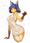  1girl absurdres ancient_egyptian animal_crossing animal_ears ankha_(animal_crossing) bare_shoulders black_eyes blue_hair blunt_bangs bob_cut breasts cat_ears cat_girl cat_tail colored_skin commentary cropped_legs dress furry furry_female hair_ornament hand_up highres large_breasts layton_(sanlayton) looking_at_viewer outline short_hair snake_hair_ornament solo striped_tail tail white_dress white_outline yellow_fur yellow_skin 