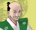  1boy bald black_hair brown_eyes closed_mouth commentary_request facial_hair japanese_clothes kawamoto_yuutarou kimono looking_at_viewer male_focus mustache oda_nobunaga_(real_life) pencil_mustache real_life smile solo white_kimono yellow_background 