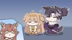  3girls :3 absurdres ahoge animal_ear_fluff animal_ears antlers bare_shoulders bell black_hair blush blush_stickers bow breasts brown_hair butter_(trickcal) chibi cleavage closed_eyes collar commentary_request diana_(trickcal) dog_ears dog_girl dog_tail floppy_ears hair_bow hair_ornament hair_ribbon highres horns japanese_clothes jingle_bell kimono korean_commentary korean_text large_breasts long_hair mole mole_on_breast multicolored_hair multiple_girls neck_bell open_mouth purple_kimono ran_(trickcal) ribbon shirt sitting slit_pupils smile striped_clothes striped_thighhighs tail thighhighs translation_request trickcal two-tone_hair yellow_eyes yellow_ribbon zebread 