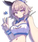  1girl absurdres animal_ears bare_shoulders black_hairband blue_choker blush breasts choker cleavage commentary_request curren_chan_(umamusume) dixie_cup_hat ear_covers ears_through_headwear grey_hair hair_between_eyes hairband hat highres horse_ears horse_girl kasei_ovo looking_at_viewer medium_breasts midriff military_hat pacific_racing_team parted_lips purple_eyes race_queen short_hair solo sports_bra star_(symbol) umamusume upper_body white_sports_bra 