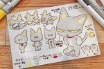  1other absurdres anannin anger_vein angry animal_ears art_tools_in_frame blush cat_ears cat_tail chibi chibi_only chibikemo collar colored_sclera furry hands_on_own_hips heart highres looking_at_viewer marker_(medium) multiple_views original other_focus pawpads photo_(medium) red_collar reference_sheet scared tail traditional_media translation_request yellow_sclera 