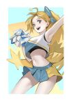  1girl ahoge arm_up armpits black_sports_bra blonde_hair blue_background blue_bow blue_eyes blue_shirt blue_skirt border bow breasts cheerleader commentary contrapposto cowboy_shot crop_top fangs floating_hair hair_bow hand_up high_ponytail highres long_hair looking_at_viewer looking_to_the_side medium_breasts miniskirt multicolored_shirt navel open_mouth original pleated_skirt pom_pom_(cheerleading) ponytail raised_eyebrows sepo shirt skirt sleeveless smile solo spiked_hair sports_bra star-shaped_pupils star_(symbol) star_ahoge stomach symbol-shaped_pupils two-tone_background two-tone_skirt untranslatable_commentary very_long_hair white_border white_shirt wide_ponytail yellow_bow yellow_skirt 