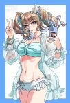  1girl almond_eye_(natsuzora_chirutime)_(umamusume) almond_eye_(umamusume) animal_ears aqua_bikini aqua_ribbon bikini blue_bikini blue_eyes blush breasts brown_hair cellphone closed_mouth coat colored_inner_hair ear_covers english_commentary hair_ornament hairclip highres holding holding_phone horse_ears horse_girl jacket long_hair looking_at_viewer lucky_lilac_(umamusume) multicolored_hair navel official_alternate_costume orange_nails pennperun phone ribbon see-through_clothes see-through_coat see-through_jacket single_ear_cover smartphone smile stomach swimsuit symbol-shaped_pupils twintails umamusume v x-shaped_pupils 