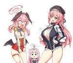  3girls ? beret black_hat black_jacket black_necktie black_wings blue_archive breasts bursting_breasts chibi cleavage color_connection competition_school_swimsuit cosplay costume_switch cowboy_shot ddg160 dungeon_and_fighter english_commentary eyebrows_hidden_by_hair hair_between_eyes hair_bun hair_color_connection halo hat head_wings highres jacket knight_(dungeon_and_fighter) knight_(dungeon_and_fighter)_(cosplay) koharu_(blue_archive) koharu_(blue_archive)_(cosplay) large_breasts long_hair mika_(blue_archive) mika_(swimsuit)_(blue_archive) mini_wings multiple_girls necktie oversized_jacket partially_unzipped pink_hair red_halo school_swimsuit small_breasts surprised sweat swimsuit thighs track_jacket undersized_clothes white_background wings zipper 
