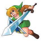  1boy bad_id blonde_hair blue_eyes boots brown_boots full_body green_hat green_tunic hat holding holding_shield holding_sword holding_weapon kawamoto_yuutarou link looking_afar lowres male_focus open_mouth pointy_ears shield short_hair simple_background solo sword the_legend_of_zelda the_legend_of_zelda:_a_link_to_the_past triforce tunic weapon white_background 