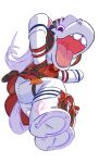  boots buttons calavinhas commentary cosplay dress flying_kick furry furry_female gold_ship_(red_strife)_(umamusume) gold_ship_(umamusume) gold_ship_(umamusume)_(cosplay) highres horse horse_girl horseshoe horseshoe_ornament kicking non-web_source puppet red_dress red_ribbon ribbon smile stuffed_animal stuffed_toy umamusume 