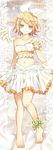  bare_shoulders barefoot blonde_hair blue_eyes hair_ornament hair_ribbon hairclip kagamine_rin looking_at_viewer midriff navel ribbon short_hair skirt smile solo utaori vocaloid wings 