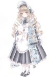  1girl absurdres accurate_lolita_coord alice's_adventures_in_wonderland alice_(alice_in_wonderland) blonde_hair blue_eyes blush bonnet card commentary_request expressionless floral_print highres japanese_clothes kimono lolita_fashion long_hair looking_at_viewer marker_(medium) original paruno playing_card print_kimono solo stuffed_animal stuffed_rabbit stuffed_toy traditional_media wa_lolita wavy_hair 
