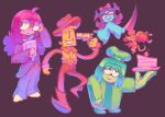  1boy 2girls 2others aqua_(deltarune) aqua_dress aqua_skin belt black_hair blonde_hair book bow boxing_gloves cake cake_slice chef chef_hat colored_skin cowboy cowboy_hat deltarune dress english_commentary food green_(deltarune) green_hair green_skin gun hat holding holding_book holding_gun holding_knife holding_plate holding_weapon knife mouse_(animal) multiple_girls multiple_others orange_(deltarune) pants plate purple_hair purple_pants purple_skin red_bow red_eyes round_eyewear seth_(deltarune) shoes simple_background sunnii_w third_eye utdr_(toby_fox) weapon white_shoes yellow_(deltarune) yellow_skin 