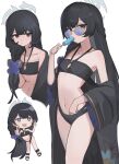  1girl absurdres bare_shoulders bikini black_bikini black_hair black_robe blue_archive blush breasts butterfly_hair_ornament cleavage_cutout closed_mouth clothing_cutout commentary_request food grey_eyes grey_halo hair_between_eyes hair_ornament halo highres holding holding_food holding_popsicle kisaki_(blue_archive) kisaki_(swimsuit)_(blue_archive) long_hair looking_at_viewer navel popsicle pout robe simple_background small_breasts standing stomach swimsuit totwo very_long_hair white_background 