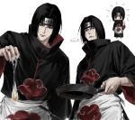  ... 1boy akatsuki_uniform apron black_hair black_nails broken_egg chibi chibi_inset closed_mouth egg forehead_protector frying_pan highres holding holding_frying_pan jewelry konohagakure_symbol male_focus multiple_views naruto_(series) naruto_shippuuden red_eyes ring short_hair spoken_ellipsis sso_s uchiha_itachi waist_apron 