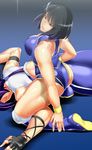  ass back blue_eyes blue_leotard bob_cut boots bowalia breasts date_haruka large_breasts leotard long_hair lying midriff minami_toshimi multiple_girls on_stomach pants purple_hair shiny shiny_skin short_hair smile submission_hold sweat toned wrestle_angels wrestle_angels_survivor wrestling wrestling_outfit 
