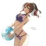  1girl :3 alternate_costume alternate_hairstyle artist_name ashigara_(kancolle) ball beachball bikini breasts brown_eyes brown_hair casca_(casca_bask) commentary_request dated highres holding holding_ball holding_beachball kantai_collection large_breasts multi-strapped_bikini_bottom multi-strapped_bikini_top one-hour_drawing_challenge ponytail purple_bikini smile solo standing striped_bikini striped_clothes swimsuit 