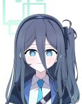  1girl absurdres aris_(blue_archive) black_hair black_hairband blue_archive blue_eyes blue_necktie blush bright_pupils commentary double-parted_bangs dress_shirt hair_between_eyes hairband halo highres long_hair long_hair_between_eyes looking_at_viewer loosely_tucked_bangs necktie one_side_up portrait r_qr rectangular_halo shirt simple_background smile solo upper_body white_background white_pupils white_shirt 