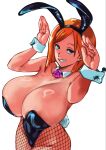  1girl animal_ears areola_slip black_leotard breasts brown_hair cleavage commentary_request detached_collar fake_animal_ears fishnet_pantyhose fishnets full_cleavage highres huge_breasts jujutsu_kaisen kugisaki_nobara kyuugata leotard pantyhose playboy_bunny rabbit_ears rabbit_tail short_hair smile solo strapless strapless_leotard tail wrist_cuffs 