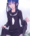  1girl black_hair black_shirt black_skirt blurry blurry_background clothes_lift commentary_request cowboy_shot gin_(oyoyo) lifting_own_clothes long_hair long_sleeves looking_at_viewer neckerchief open_mouth original panties pleated_skirt school_uniform serafuku shirt skirt skirt_lift solo underwear upskirt wet wet_clothes wet_hair wet_shirt wet_skirt white_background white_neckerchief white_panties 