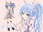  1girl :3 aiyu_ogaki animal_ear_fluff animal_ears arm_up asymmetrical_legwear black_necktie black_shoes black_socks blue_hair blush bow bracelet breasts cardigan cardigan_around_waist cellphone clothes_around_waist collarbone collared_shirt commentary_request creature diagonal-striped_clothes diagonal-striped_necktie don-chan_(usada_pekora) dot_nose from_side full_body fur_wrist_cuffs grey_skirt gyaru hair_bow hair_ornament hair_scrunchie hairclip high-waist_skirt high_side_ponytail hikimayu hololive inward_v jewelry kneehighs kogal leg_warmers loafers long_hair looking_at_viewer loose_hair_strand loose_necktie miniskirt multicolored_hair multiple_views necktie official_alternate_costume official_alternate_hairstyle orange_eyes parallel_hairclips parted_bangs parted_lips partially_unbuttoned phone piercing pink_background pink_cardigan pink_scrunchie plaid_clothes plaid_skirt platform_shoes pleated_skirt pom_pom_(clothes) pom_pom_hair_ornament rabbit rabbit-shaped_pupils rabbit_ear_smartphone_case rabbit_ears rabbit_girl school_uniform scrunchie shirt shirt_tucked_in shoes short_eyebrows side_ponytail sidelocks single_wrist_cuff skirt sleeves_rolled_up small_breasts smartphone smile socks standing star_(symbol) star_symbol_background straight-on striped_clothes striped_necktie symbol-shaped_pupils thick_eyebrows two-tone_hair upper_body usada_pekora usada_pekora_(12th_costume) v virtual_youtuber white_bow white_hair white_leg_warmers white_shirt wrist_cuffs 