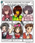 1other 2boys 3girls ace_attorney antenna_hair apollo_justice apollo_justice:_ace_attorney apple arm_up ascot black_hair black_vest blue_eyes blush bow bowtie braid brown_eyes brown_hair character_name characters_that_remind_you_of_me_challenge checkered_sweater closed_eyes collared_shirt colored_skin commentary crossover deltarune drooling east-west_crossover ema_skye english_commentary english_text eyewear_on_head food fruit green_sweater hair_over_one_eye hand_up holding holding_food holding_fruit holding_knife holding_paintbrush index_finger_raised kitchen_knife knife kris_(deltarune) lab_coat long_hair long_sleeves looking_at_viewer madotsuki miles_edgeworth mouth_drool multiple_boys multiple_drawing_challenge multiple_girls necktie one_eye_covered open_mouth paint_splatter paint_splatter_on_face paintbrush phoenix_wright:_ace_attorney pink-tinted_eyewear pink_shirt pink_sweater ponytail print_sweater project_sekai red_bow red_bowtie red_suit red_vest sherinrinrin shinonome_ena shirt short_hair sleeping sparkle star_(symbol) suit sunglasses sweater tinted_eyewear twin_braids twitter_username utdr_(toby_fox) vest white_ascot white_shirt yellow_skin yume_nikki zzz 